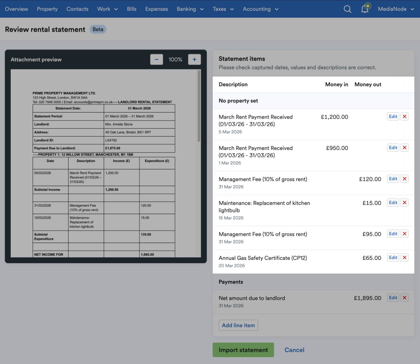 Rental statement example imported into FreeAgent.