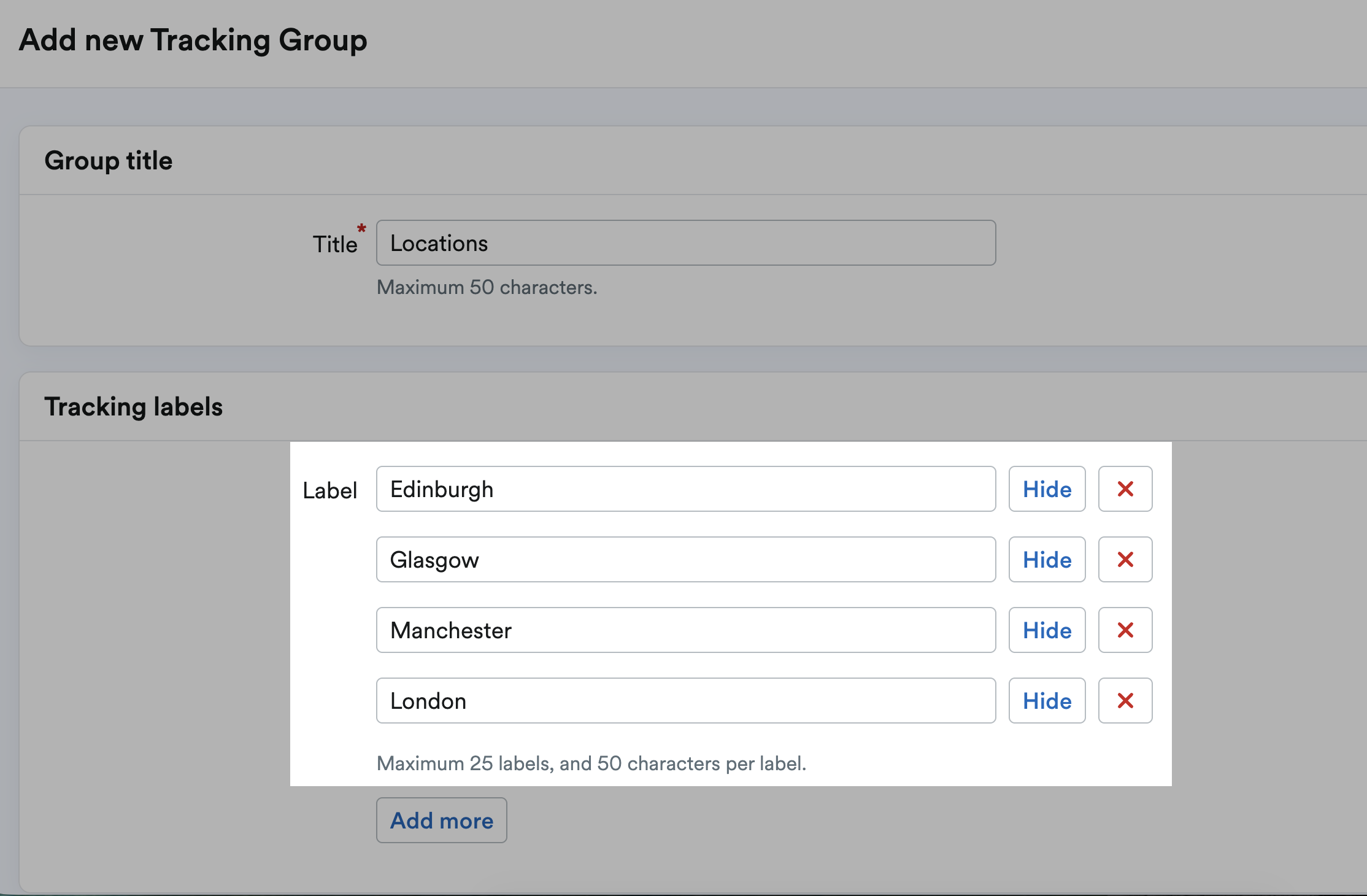 'Tracking labels' section highlighted.