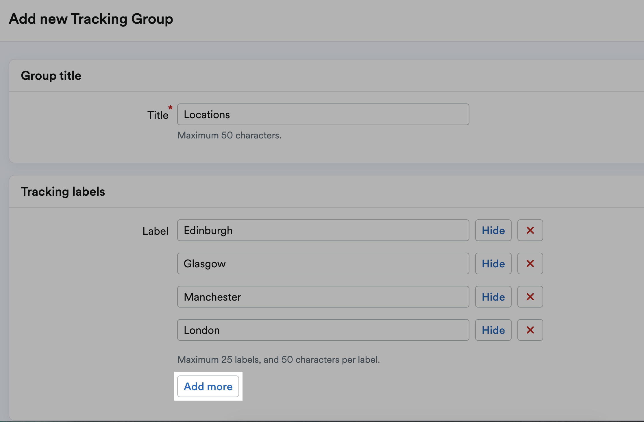'Add more' button highlighted under labels listed within 'Tracking labels' section.