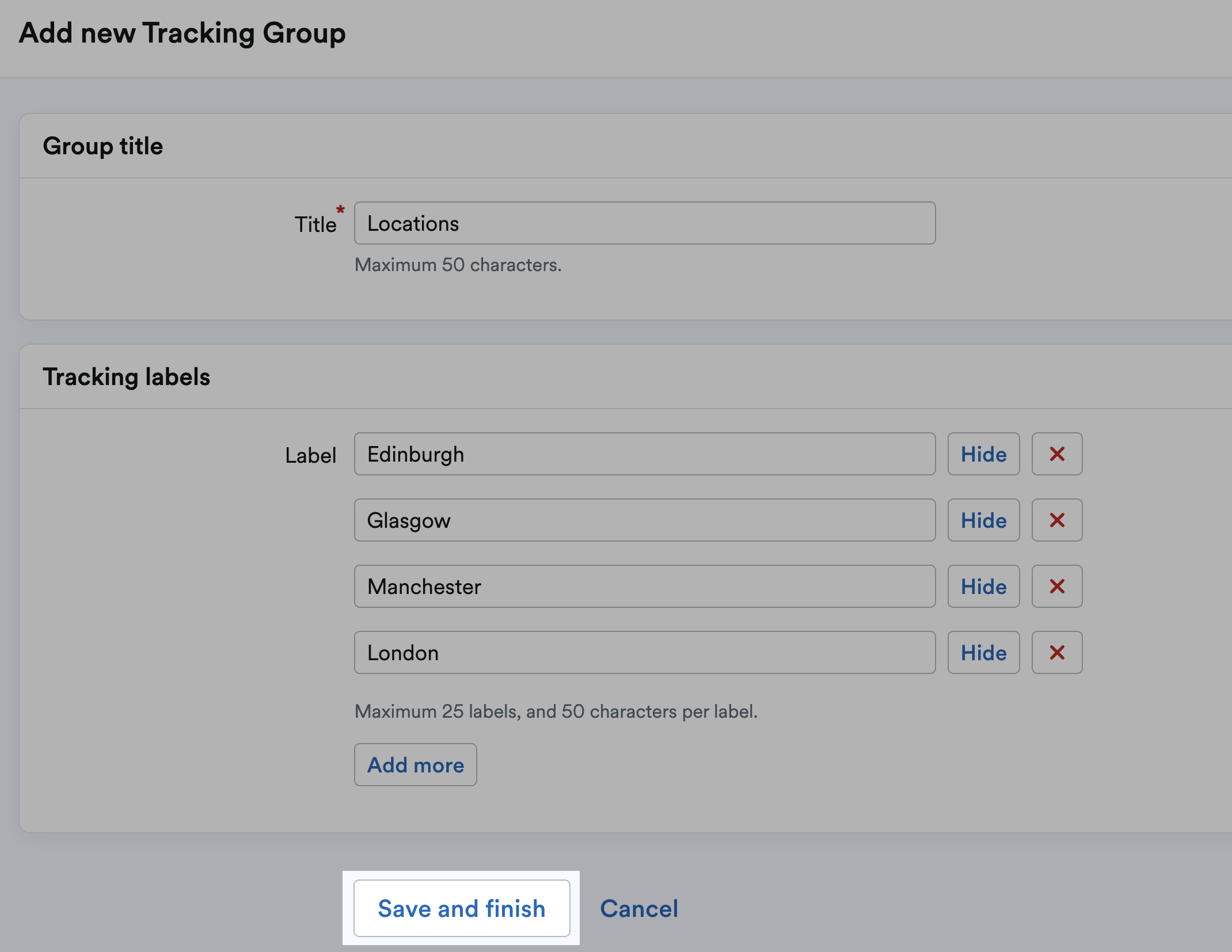 'Save and finish' button highlighted at bottom of 'Add new Tracking Group' page.