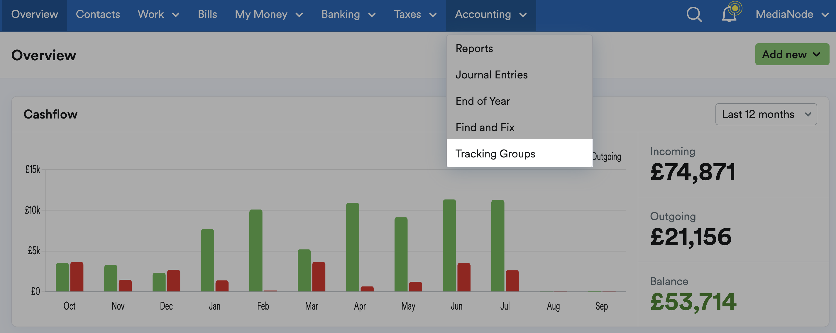 'Tracking Groups' highlighted on the 'Accounting' drop down menu.