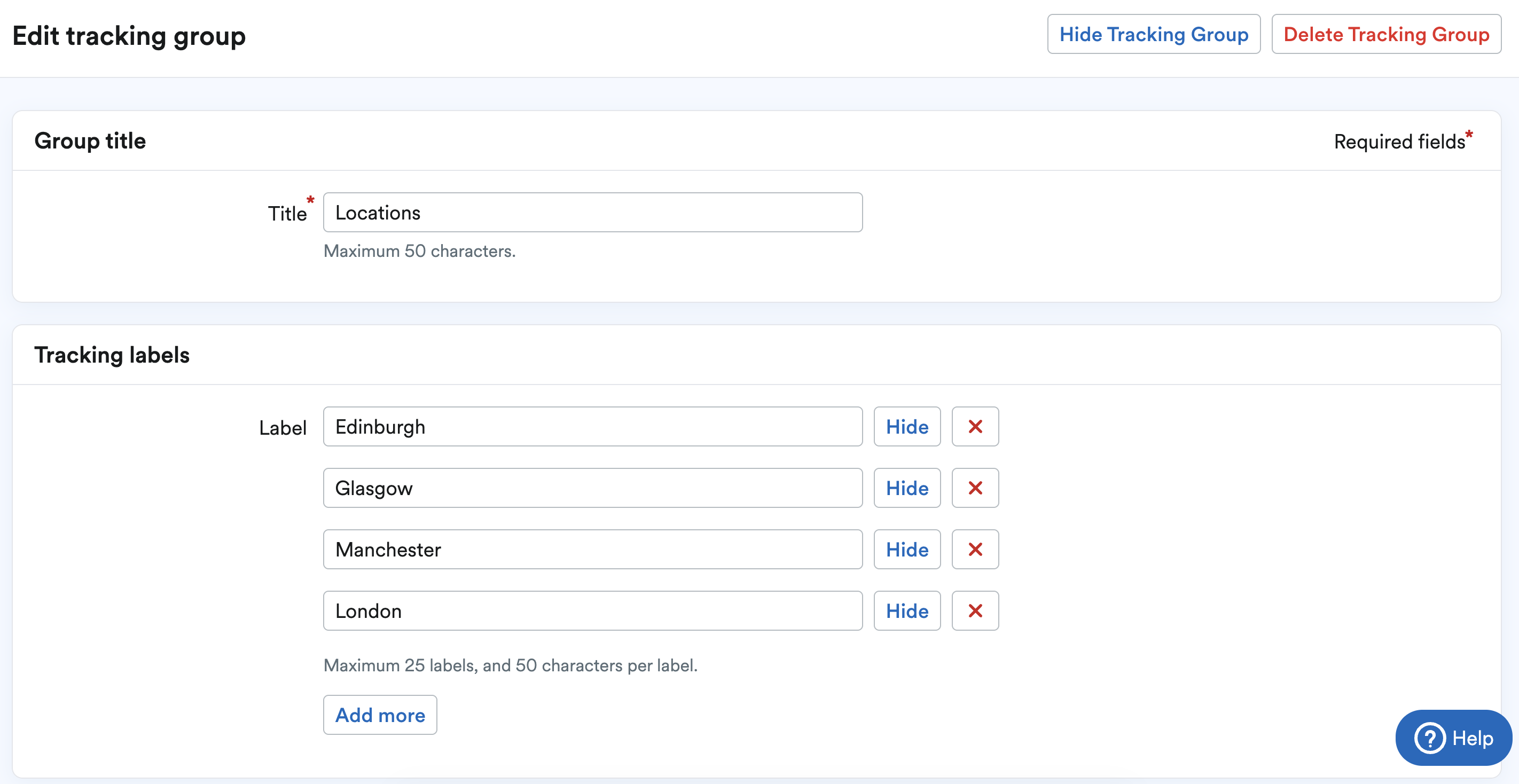 'Edit tracking group' page with fields for 'Group title' and 'Tracking labels'.