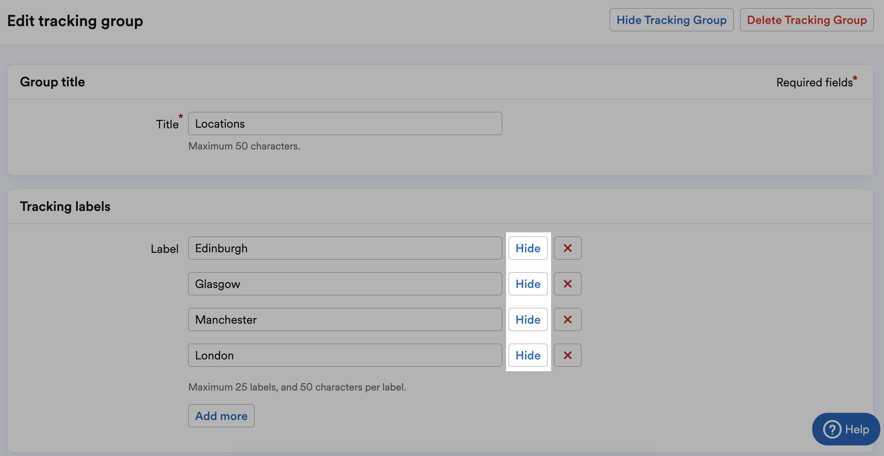 'Hide' button highlighted next to listed Tracking labels.
