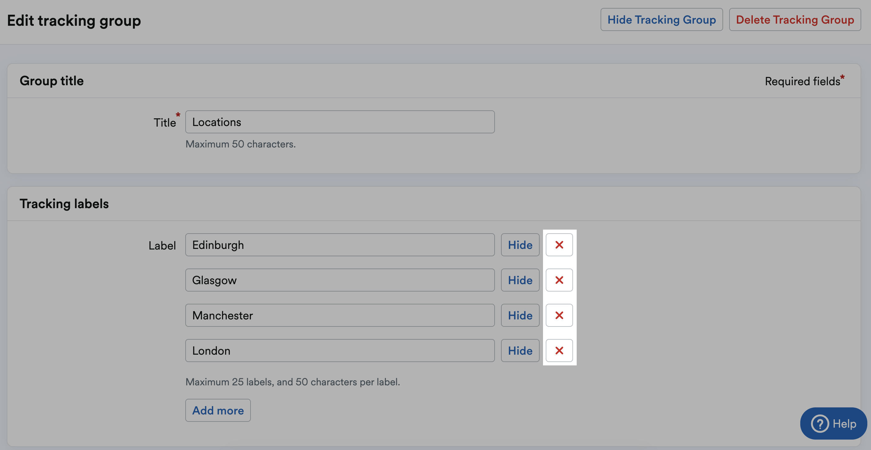 Delete 'X' button highlighted next to listed Tracking labels.