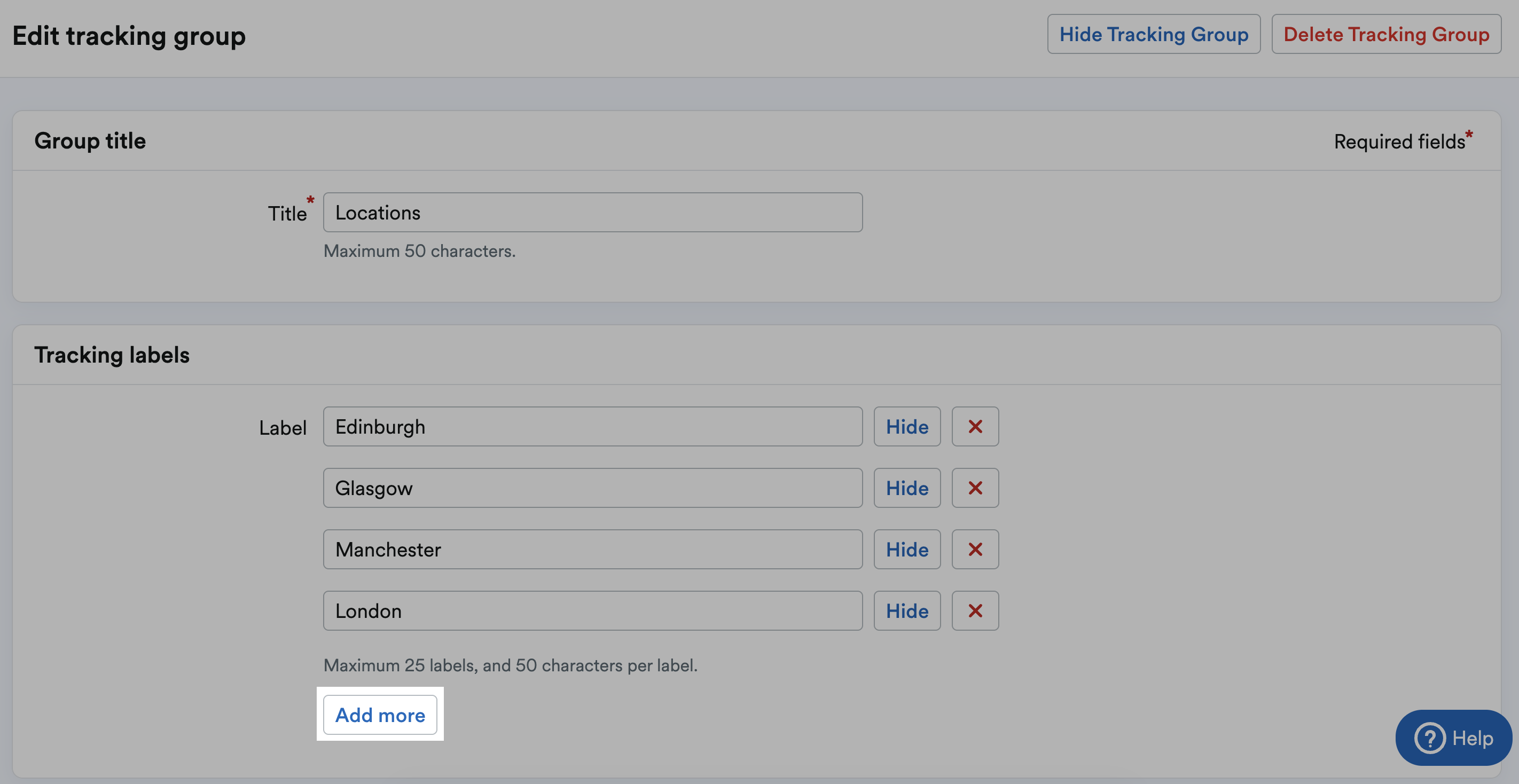 'Add more' button beneath listed Tracking labels within Tracking labels section.