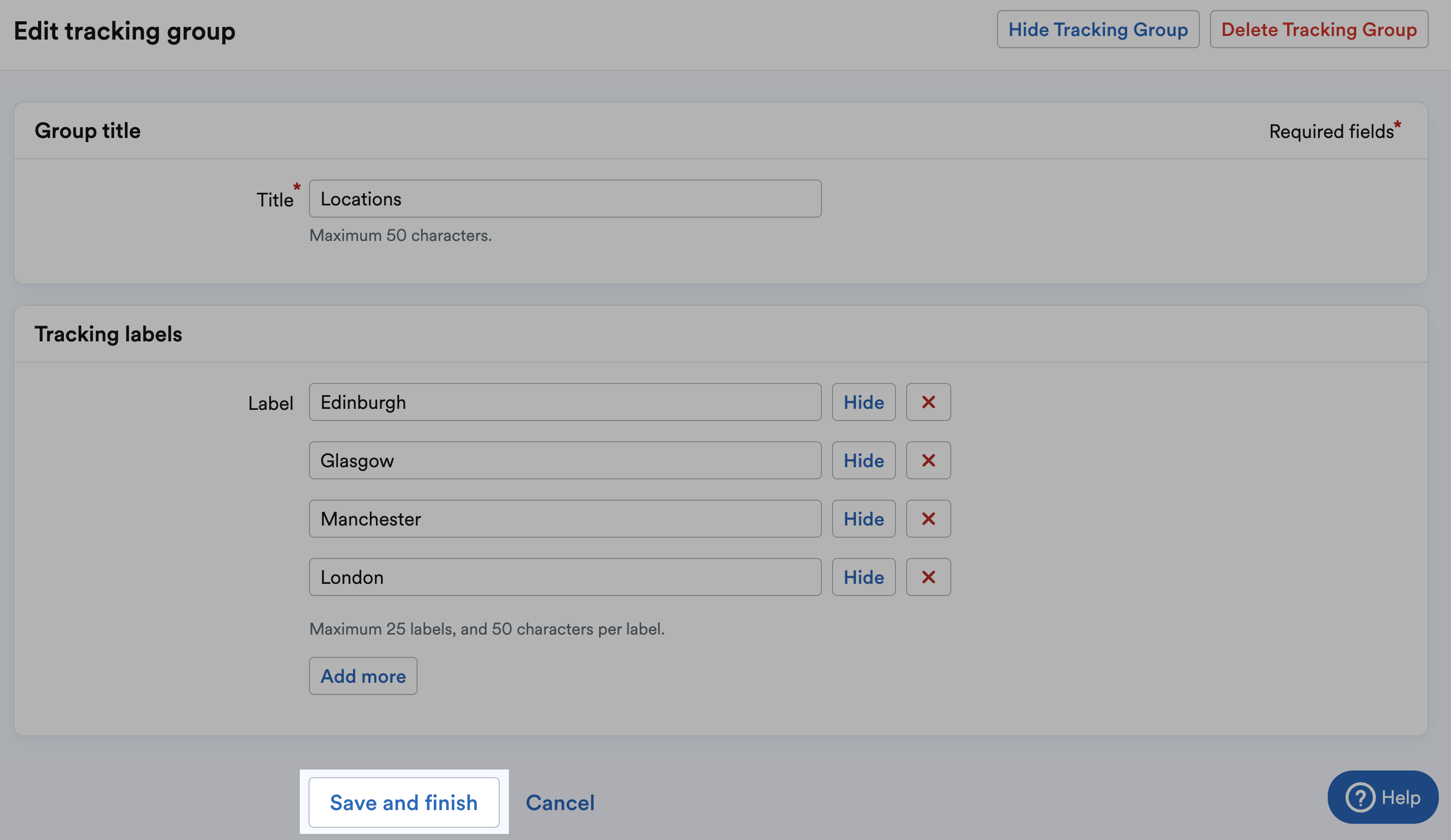 'Save and finish' button highlighted at bottom of 'Edit tracking group' page.