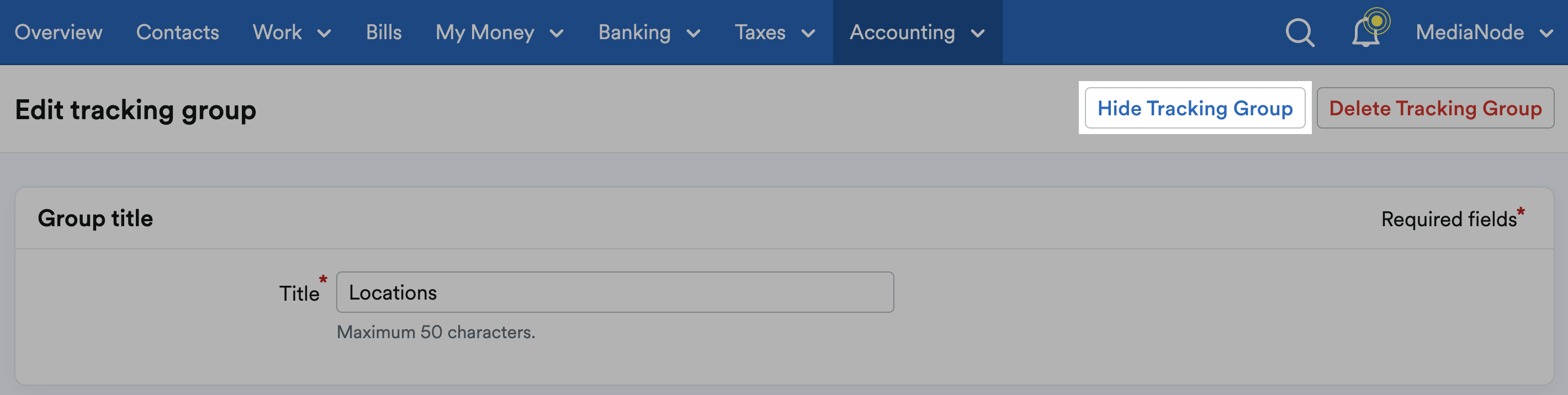 'Hide Tracking Group' button highlighted at top of 'Edit tracking group' page.