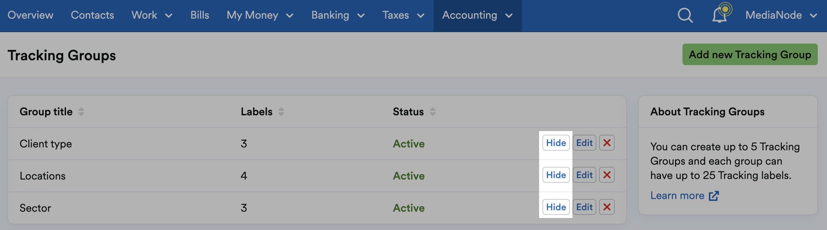 'Hide' button highlighted next to listed Tracking Groups.