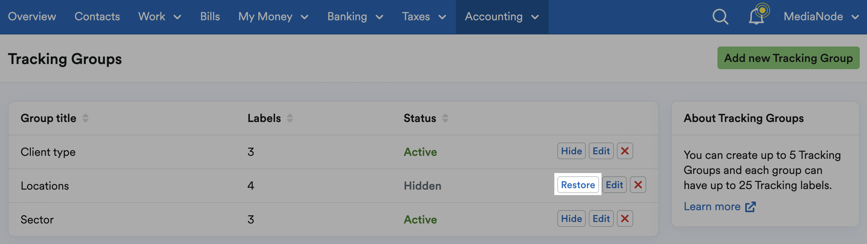 'Restore' button highlighted next to hidden listed Tracking Group.