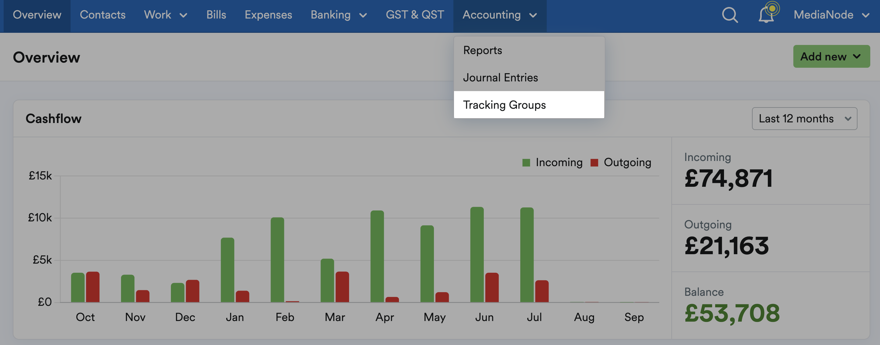 'Tracking Groups' highlighted on 'Accounting' drop down menu.