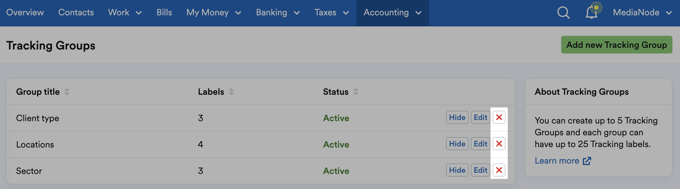 Delete 'X' button highlighted next to listed Tracking Groups.