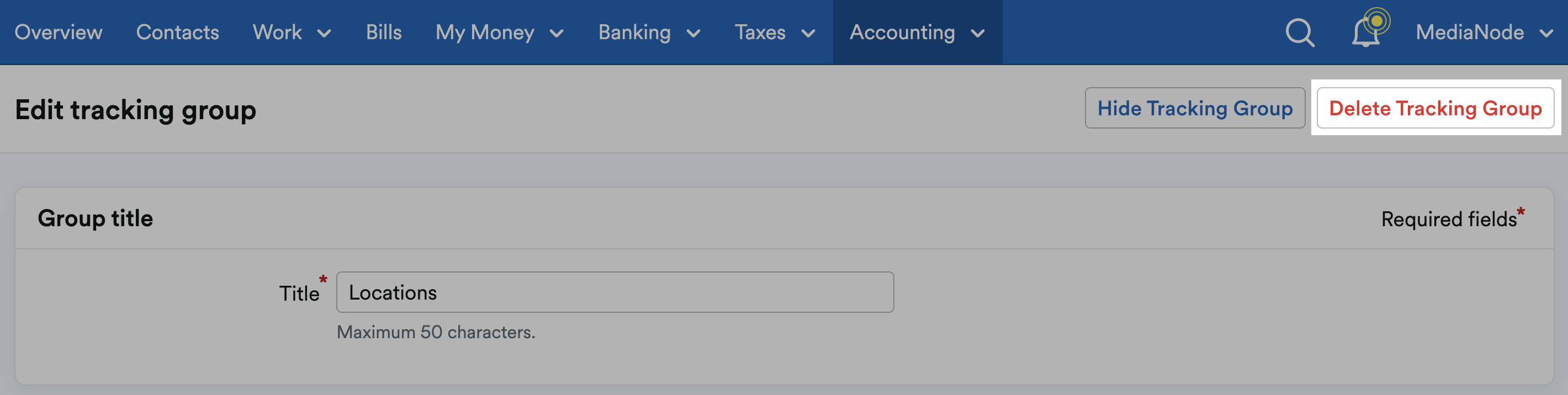 'Delete Tracking Group' button highlighted at top of 'Edit tracking group' page.