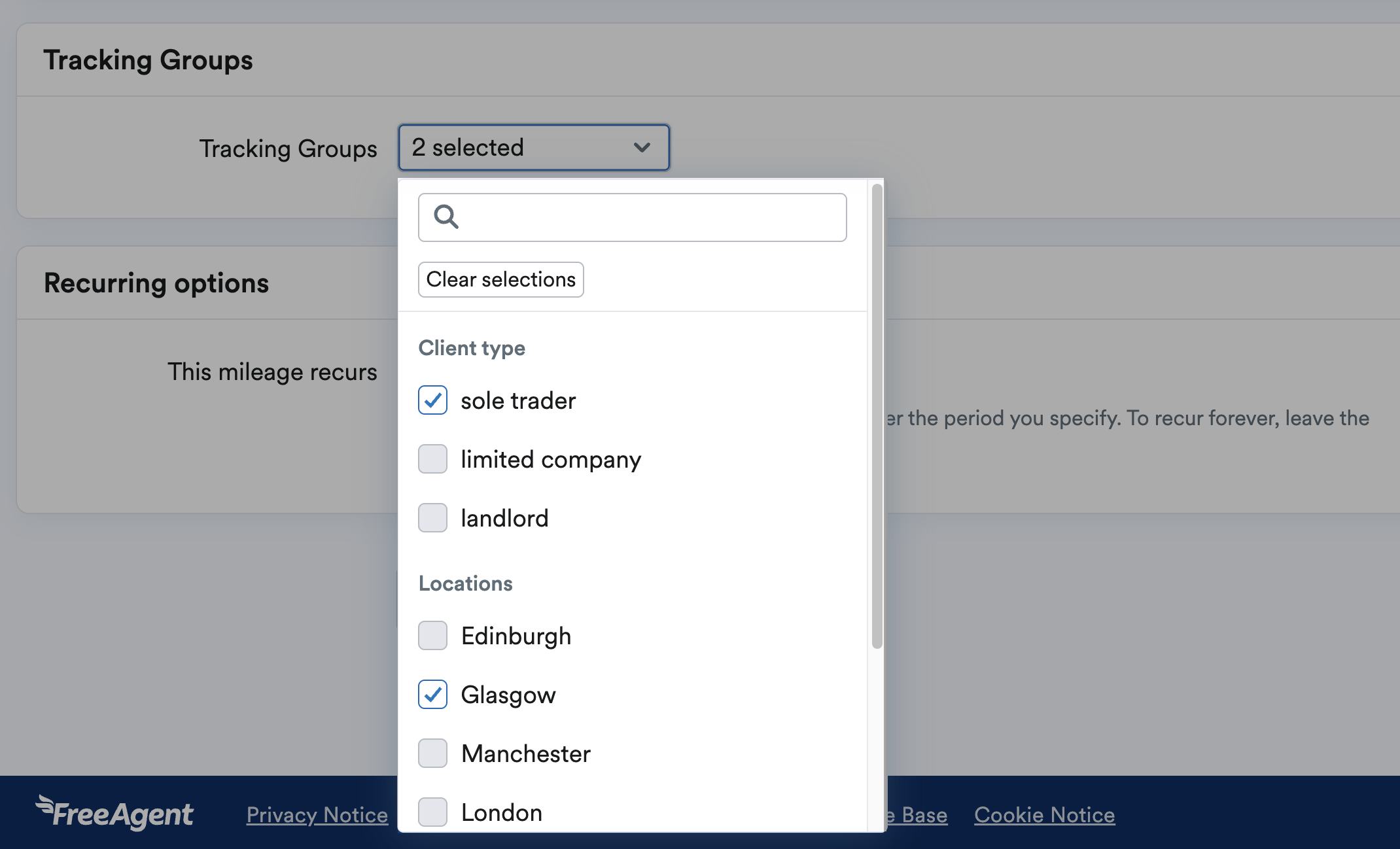 Tracking labels listed in drop down menu.