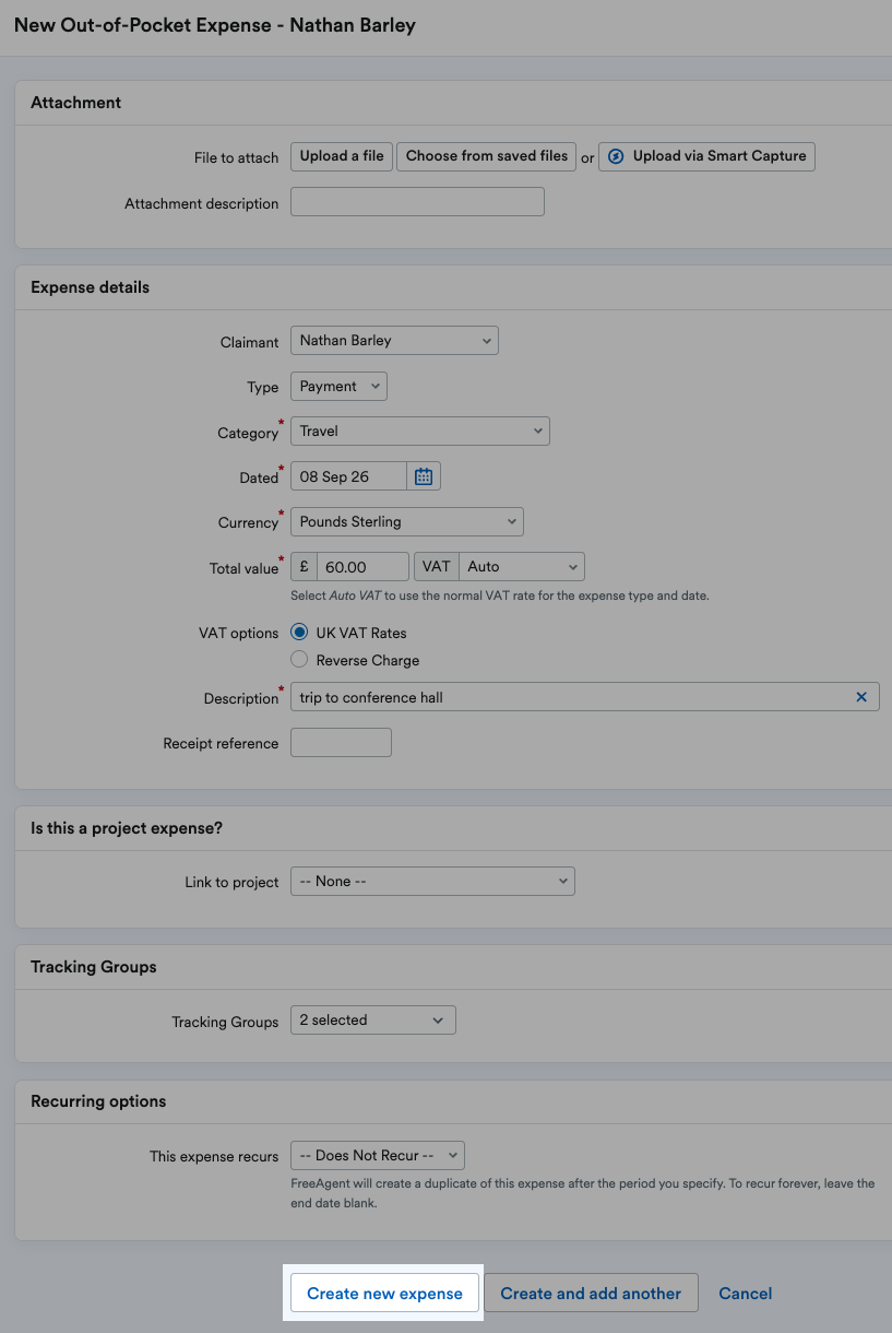 'Create new expense' button highlighted at bottom of 'New Out-of-Pocket Expense' page.