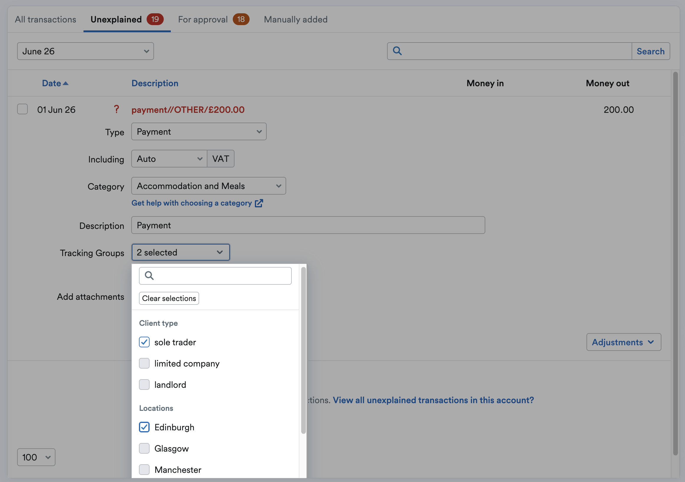 List of Tracking Groups and labels shown on drop down menu.