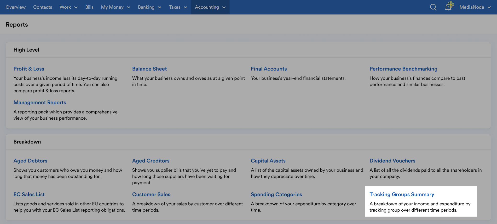 'Tracking Groups Summary' highlighted within the 'Breakdown' section of the 'Reports' page.