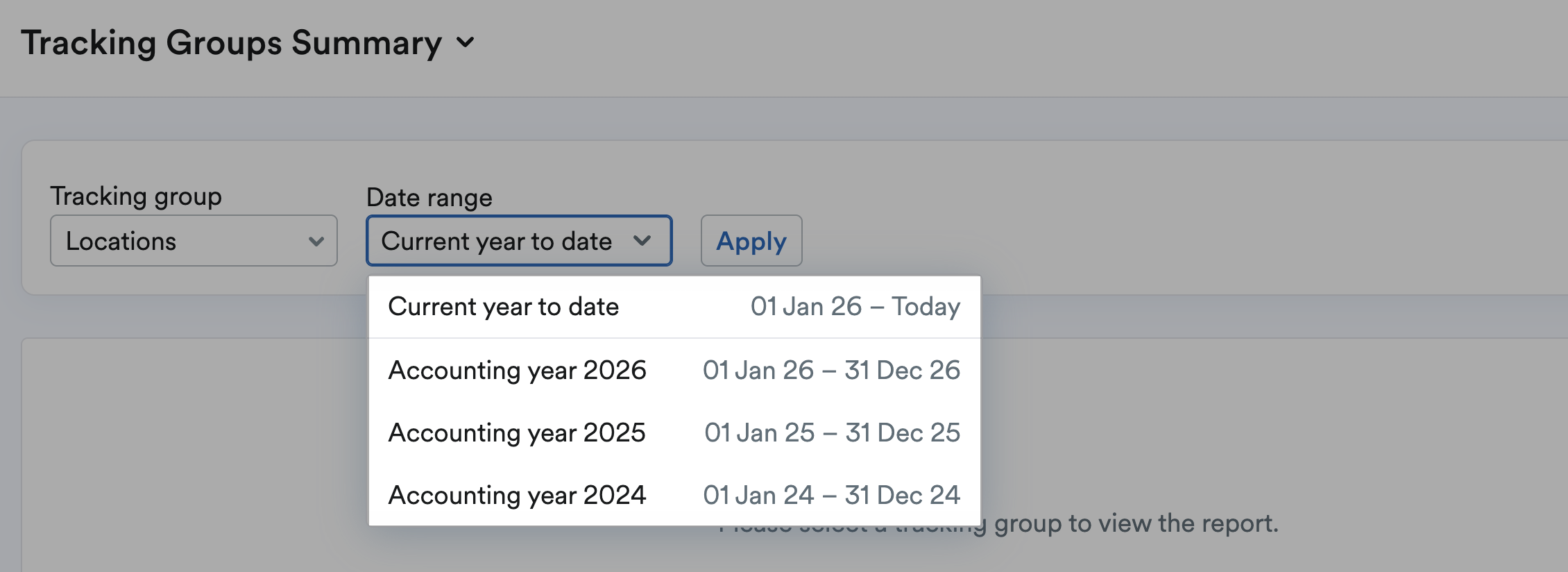 'Current year to date' and list of accounting years to select from in the 'Date range' field.