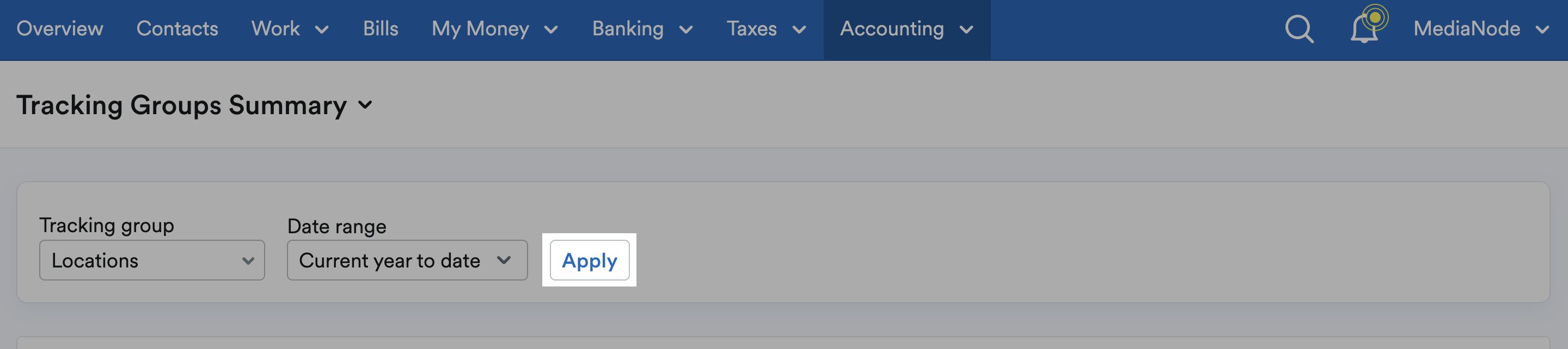 'Apply' button highlighted next to 'Tracking group' and 'Date range' fields.