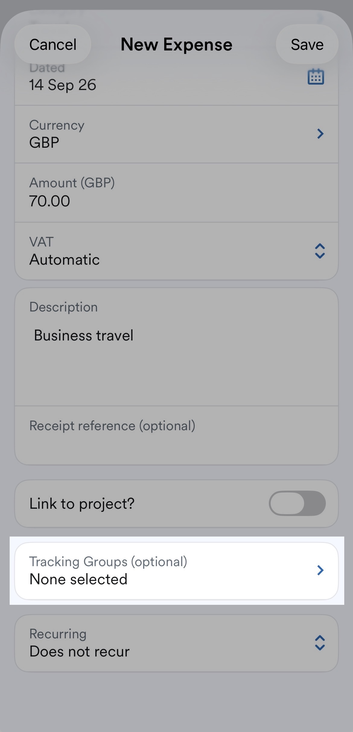 'Tracking Groups' selected on 'New Expense' screen.