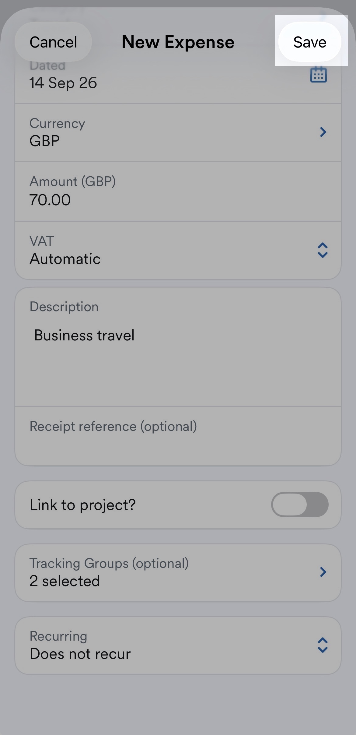 'Save' button highlighted at top top 'New Expense' screen.
