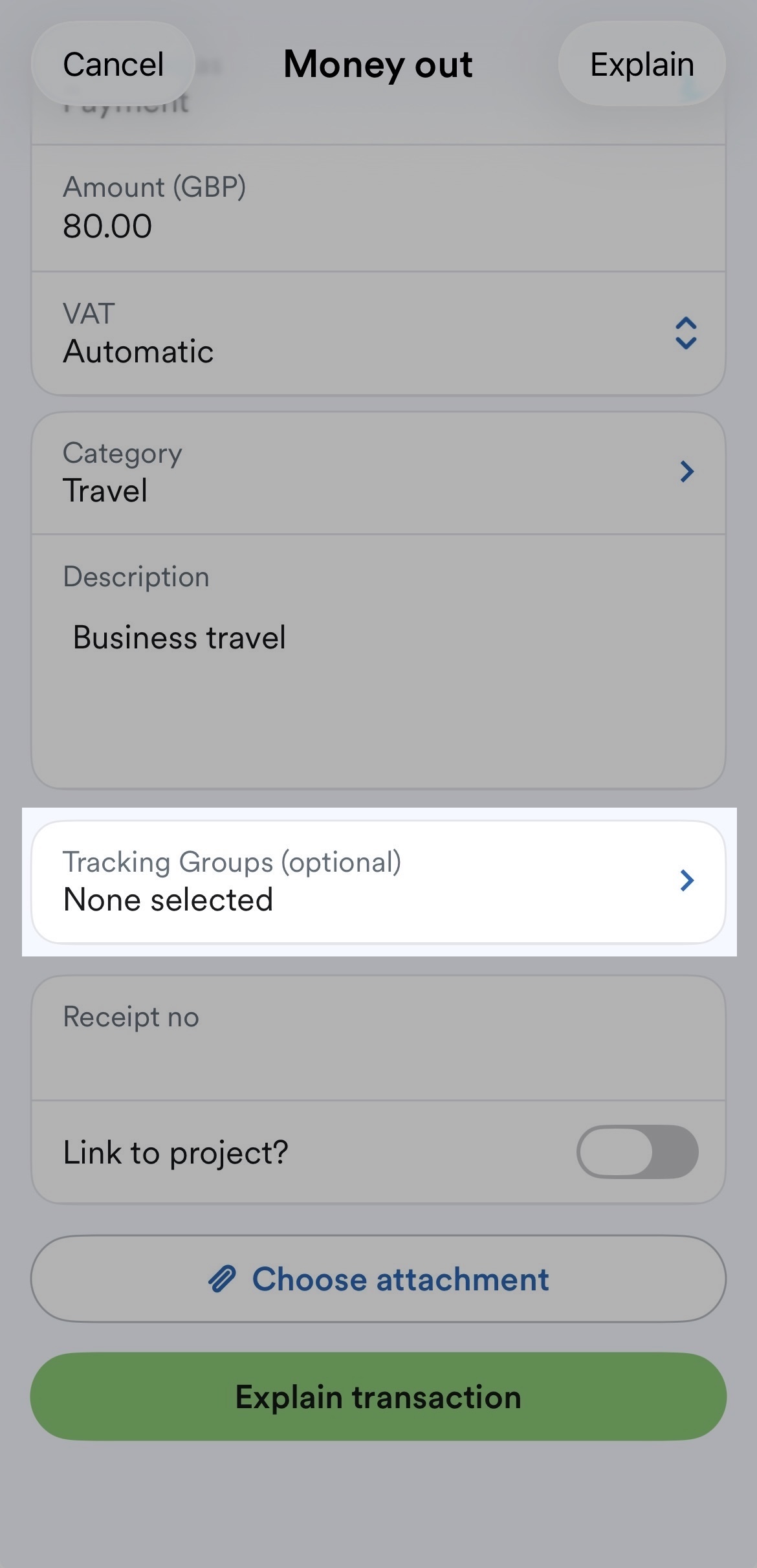 'Tracking Groups' selected on a bank transaction.