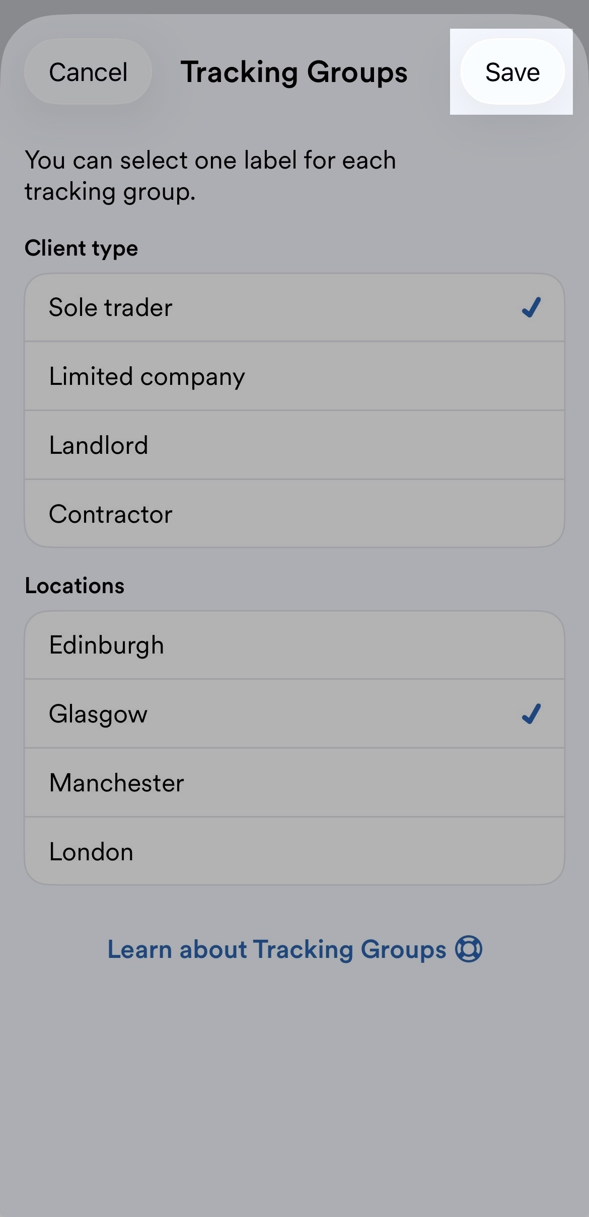 'Save' button highlighted at top of 'Tracking Groups' screen.