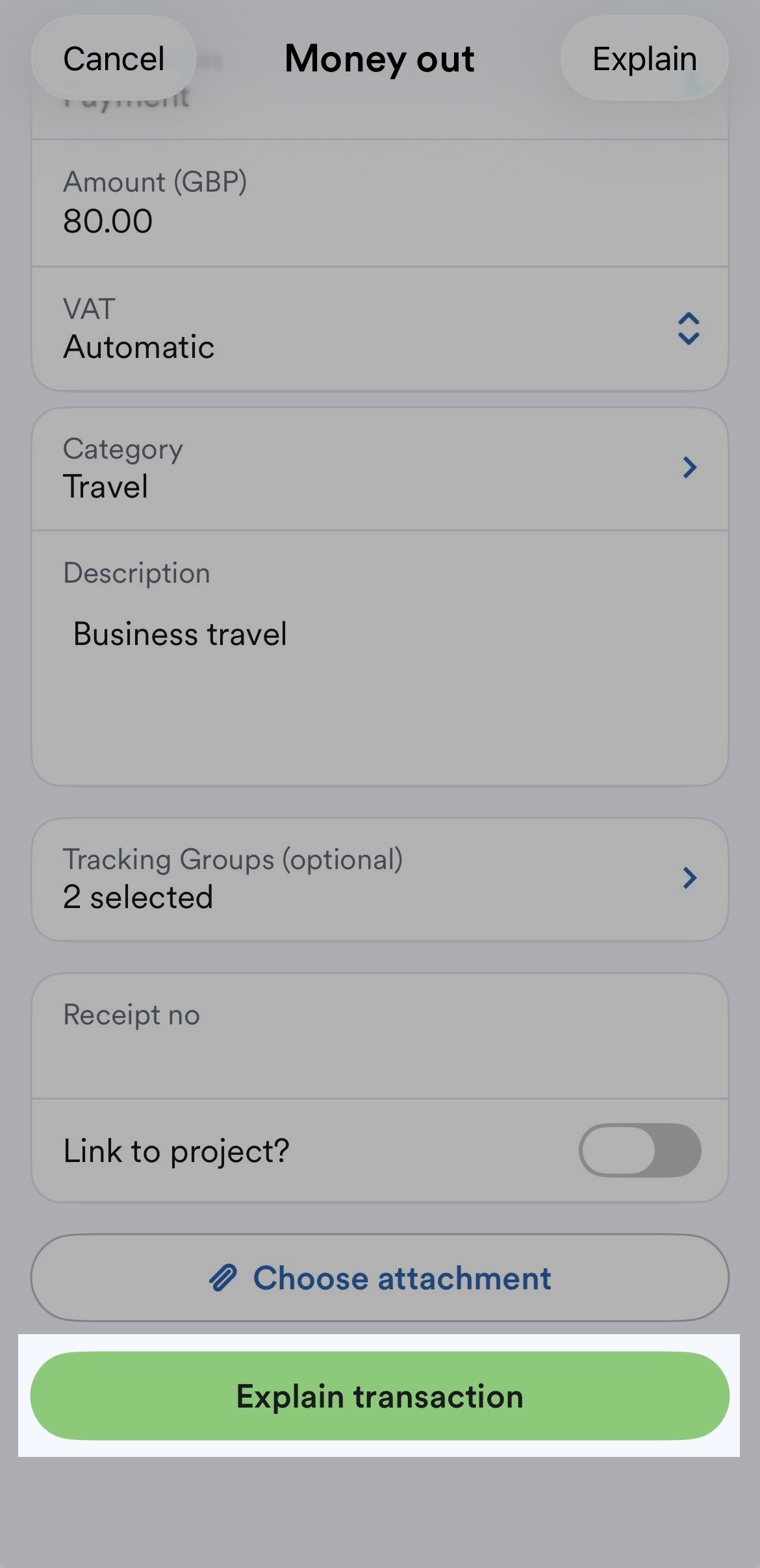 'Explain transaction' button highlighted at bottom of transaction.