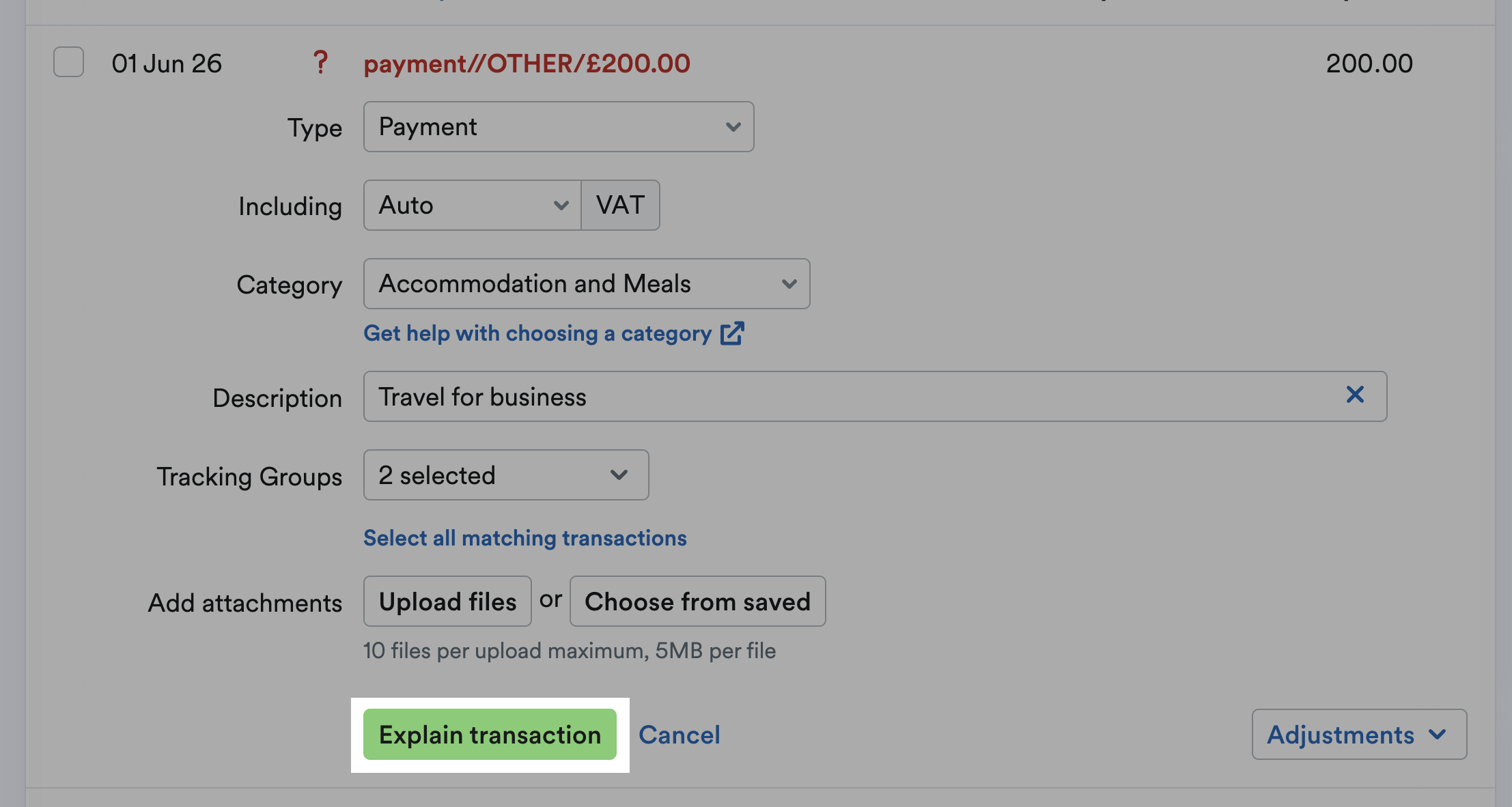Explain transaction button highlighted