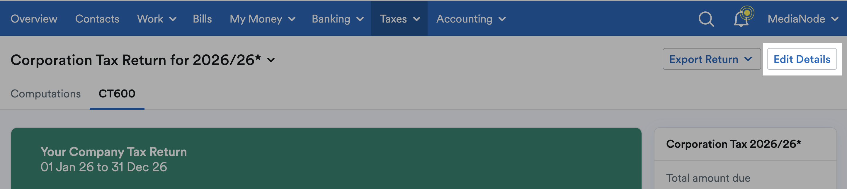 Edit Details button highlighted at the top-right of a Corporation Tax return