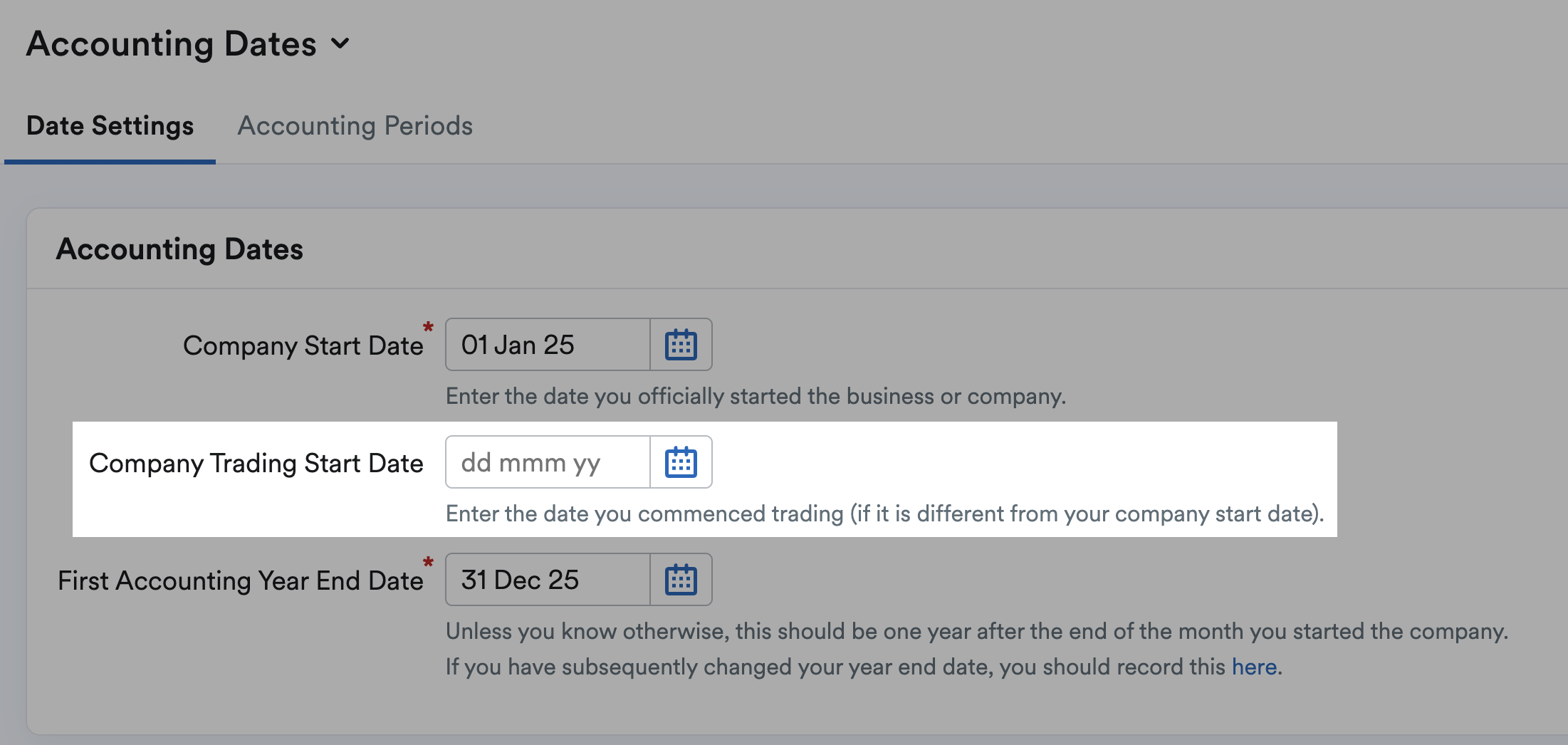 'Company trading start date' highlighted within accounting dates section.