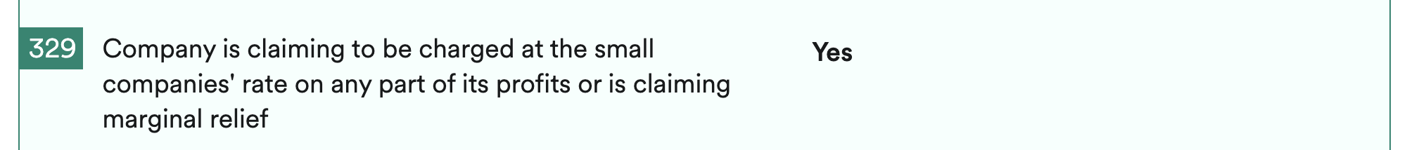 Box 329 with option for claiming to be charged at small companies' rate on any part of profits or claiming marginal relief, set to 'Yes'.