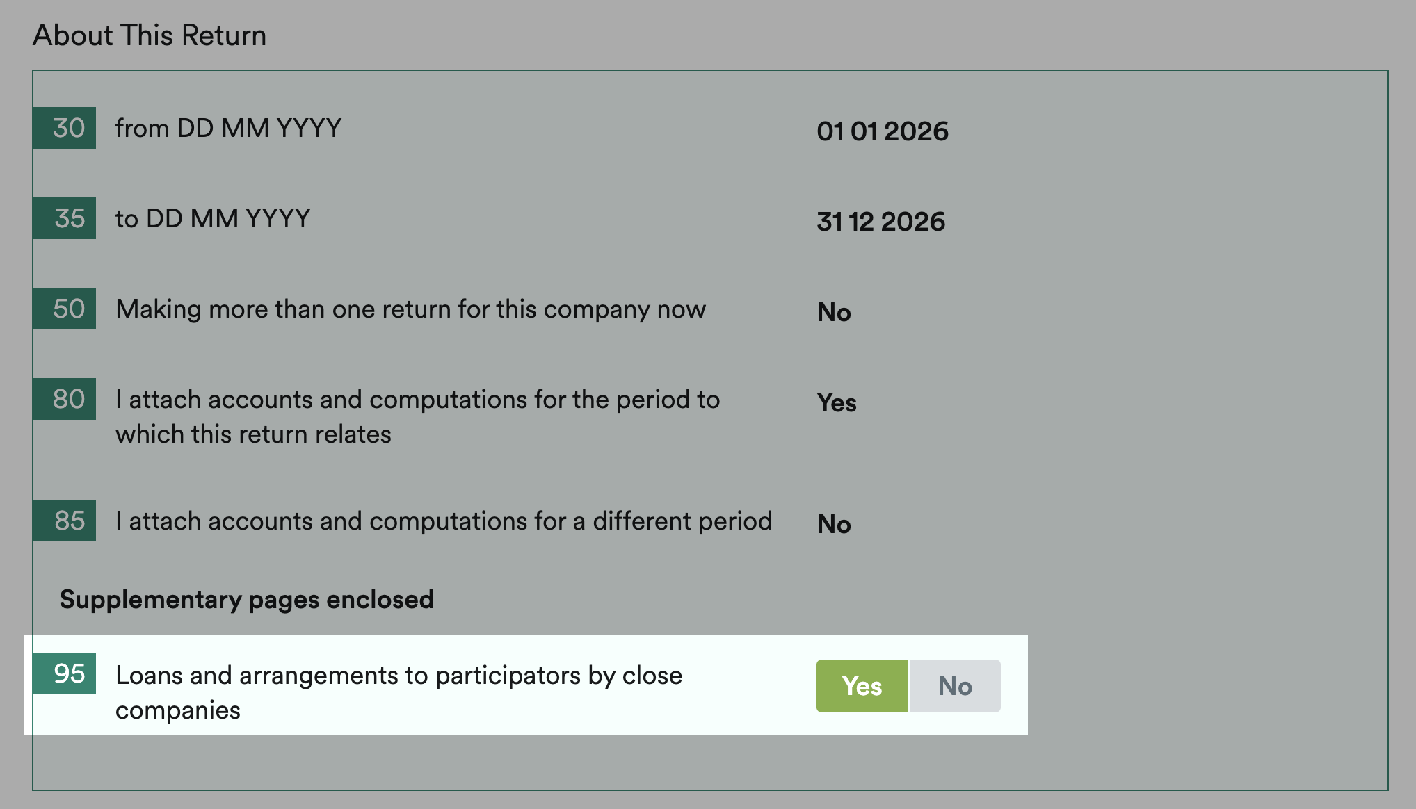 Box 95 highlighted as marked 'Yes' to enable CT600A page.