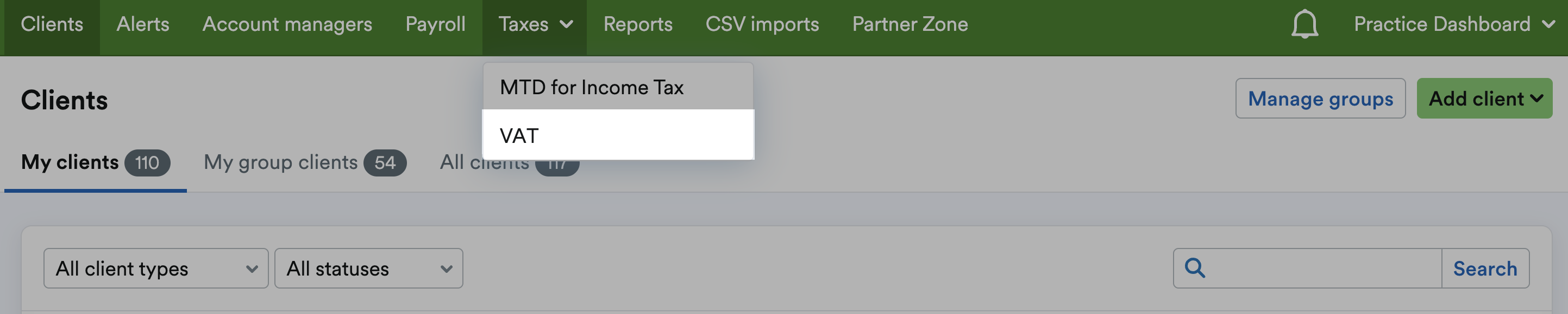 VAT highlighted from Taxes drop-down menu