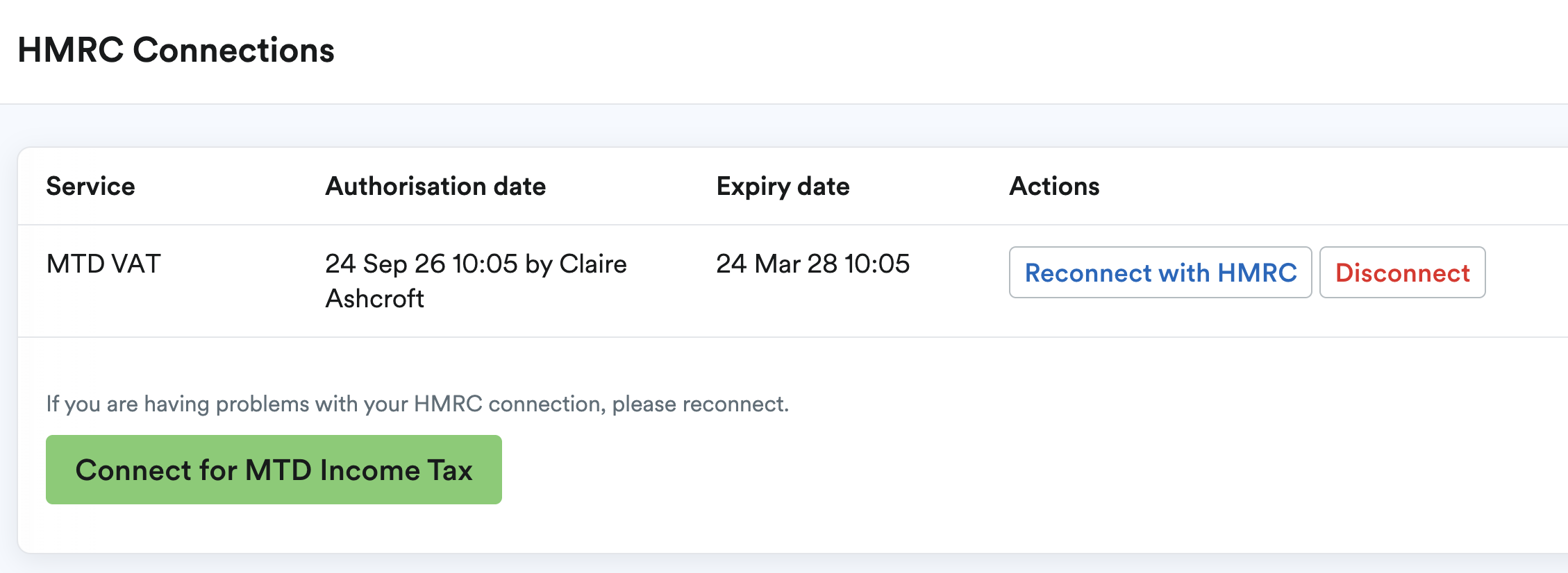 HMRC connections page in dashboard