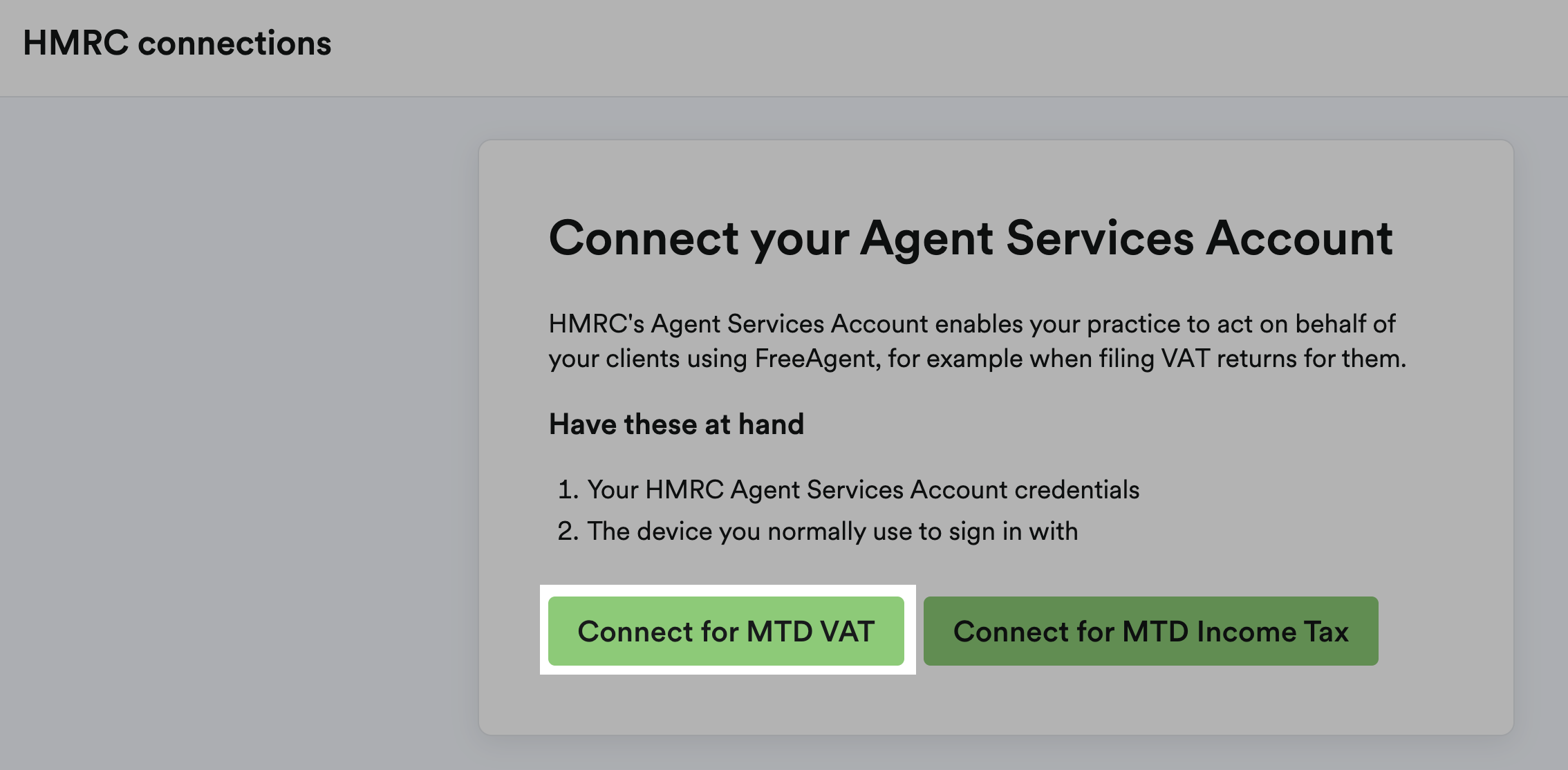 Connect for MTD VAT button highlighted