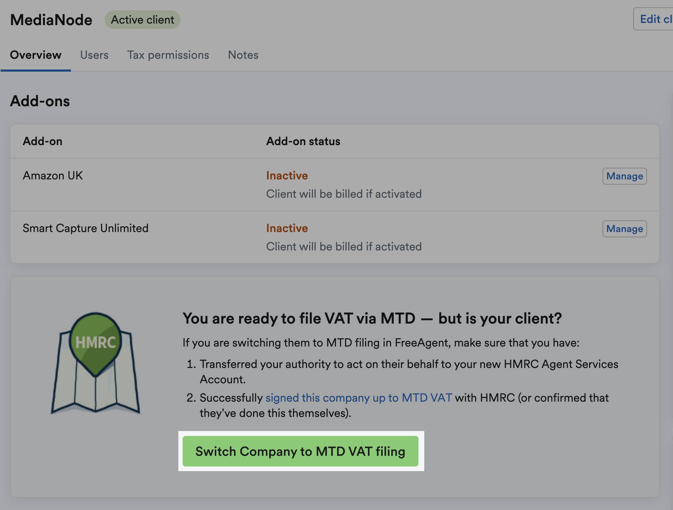 Client page with MTD button