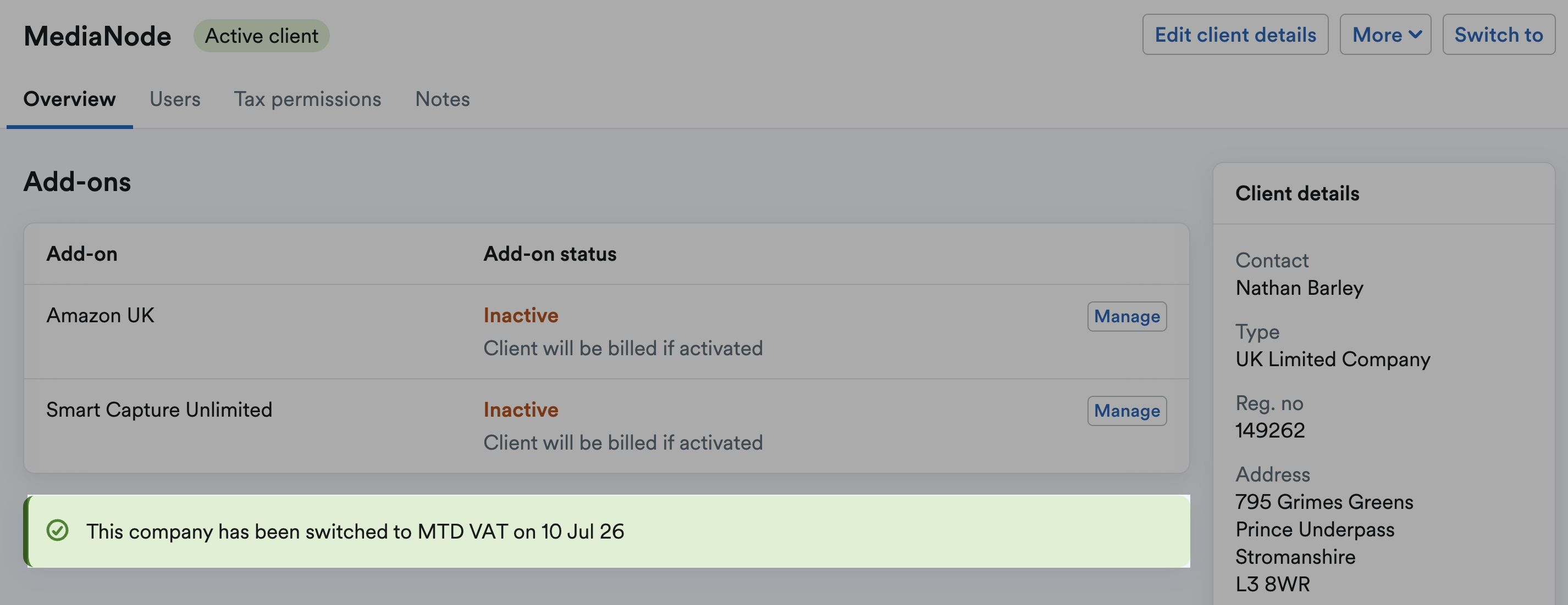 Banner confirming client has been switched to MTD for VAT filing