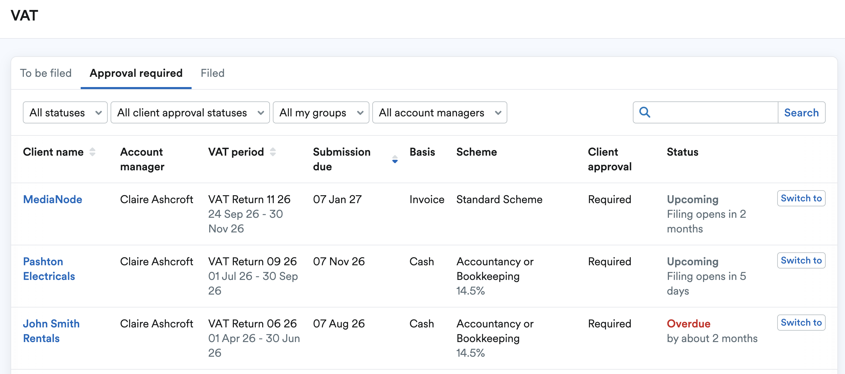 Approval required tab of VAT summary page