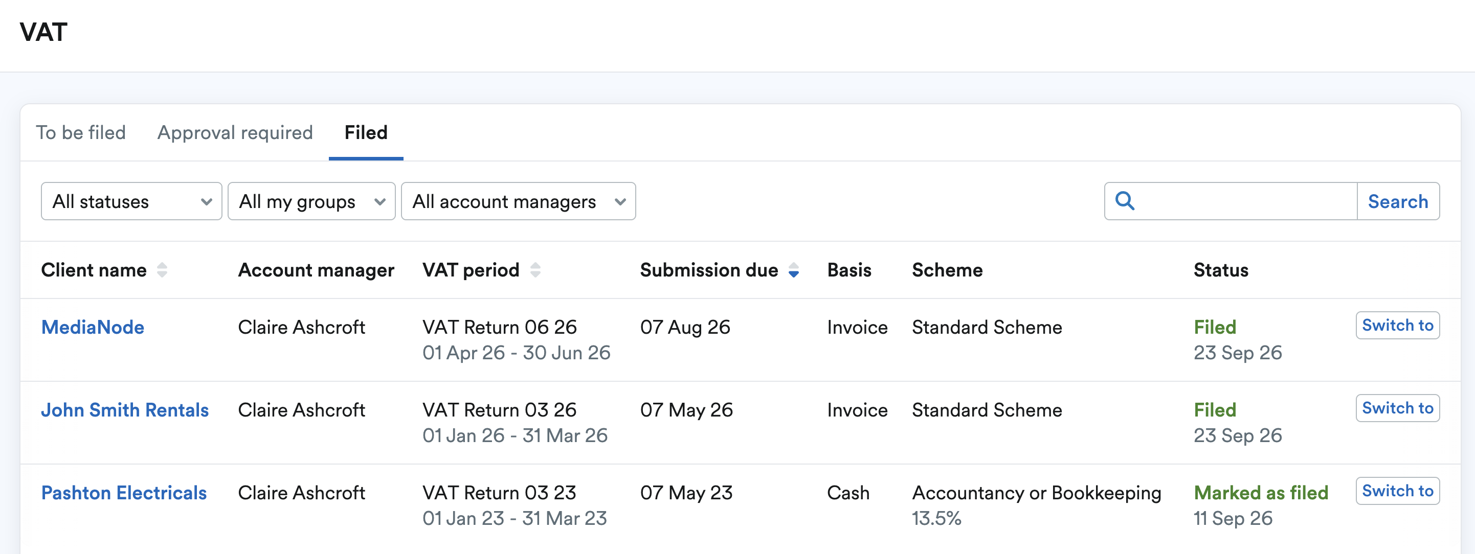 Filed tab of VAT summary page