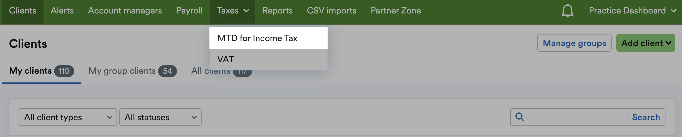 'MTD for Income Tax' highlighted on drop down menu under 'Taxes' tab.