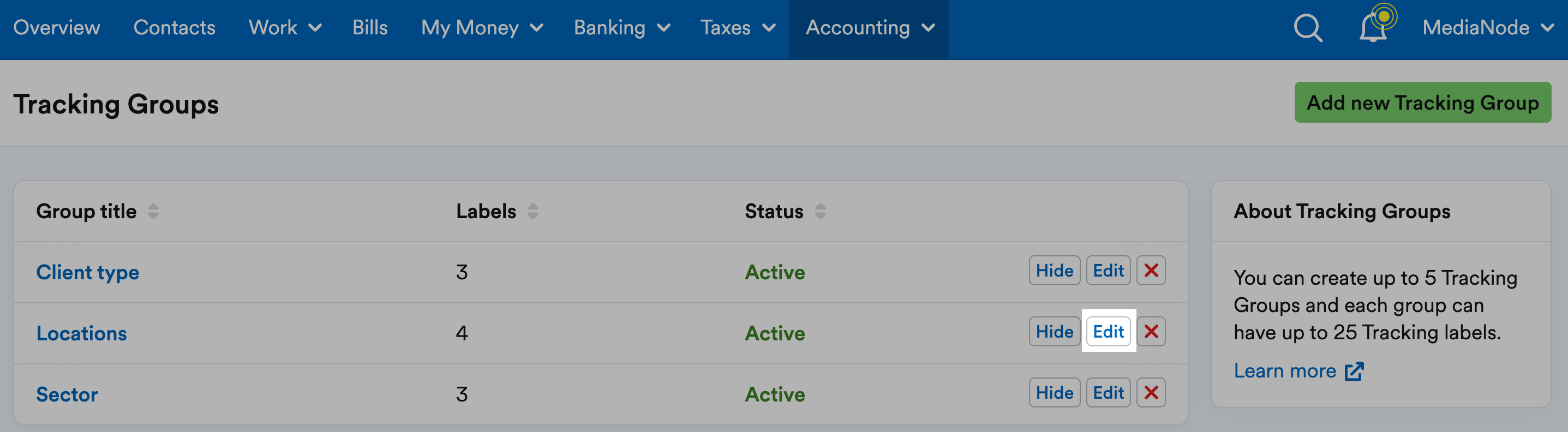 'Edit' button highlighted next to listed Tracking Groups.