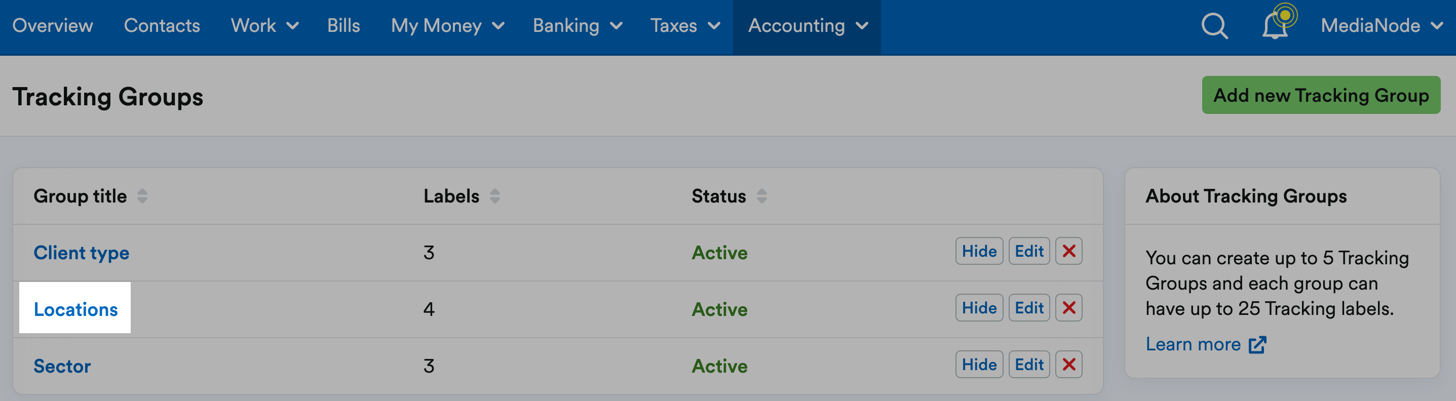 Tracking Group title highlighted on list of Tracking Groups.