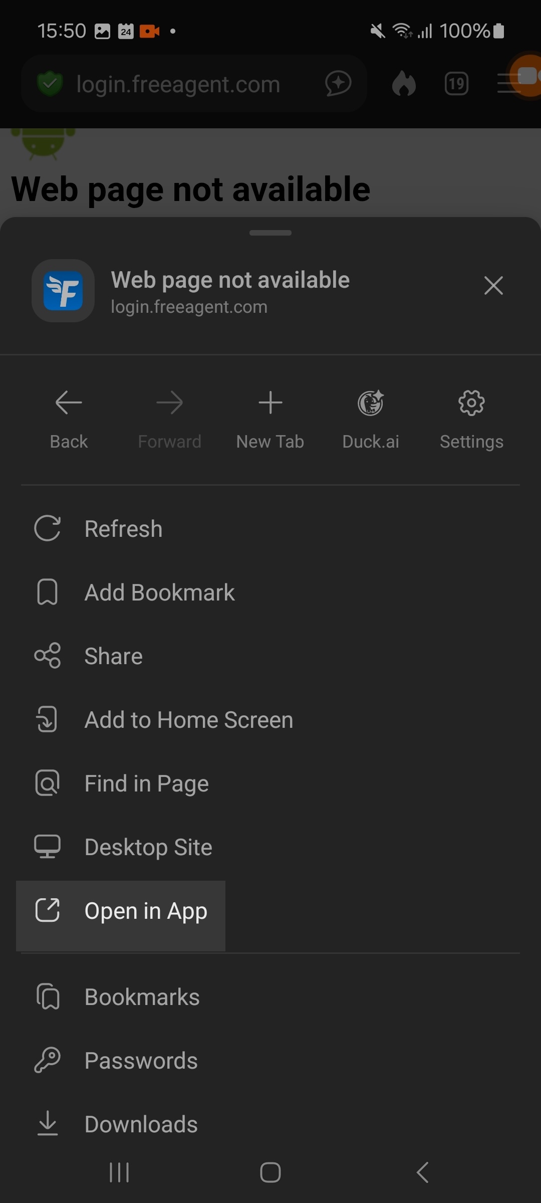 Open in-app option highlighted