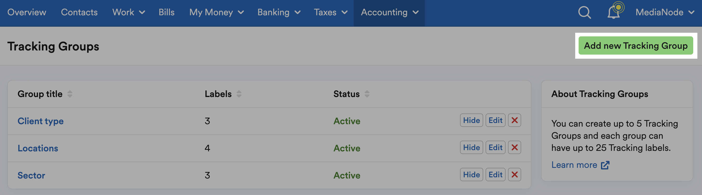 'Add new Tracking Group' button highlighted on 'Tracking Groups' page.
