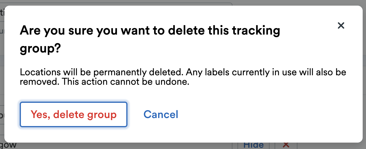 'Are you sure you want to delete this tracking group?' pop up window with 'Yes, delete group' button.