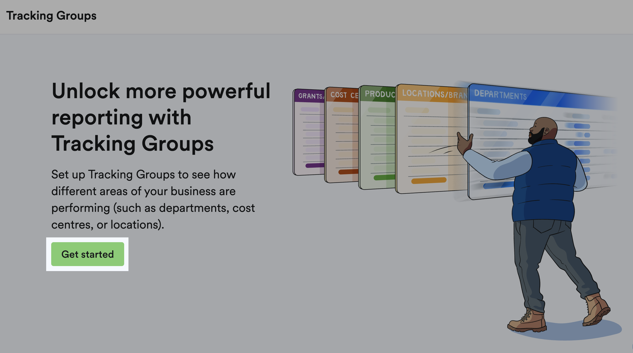 'Get started' button highlighted on 'Tracking Groups' page.