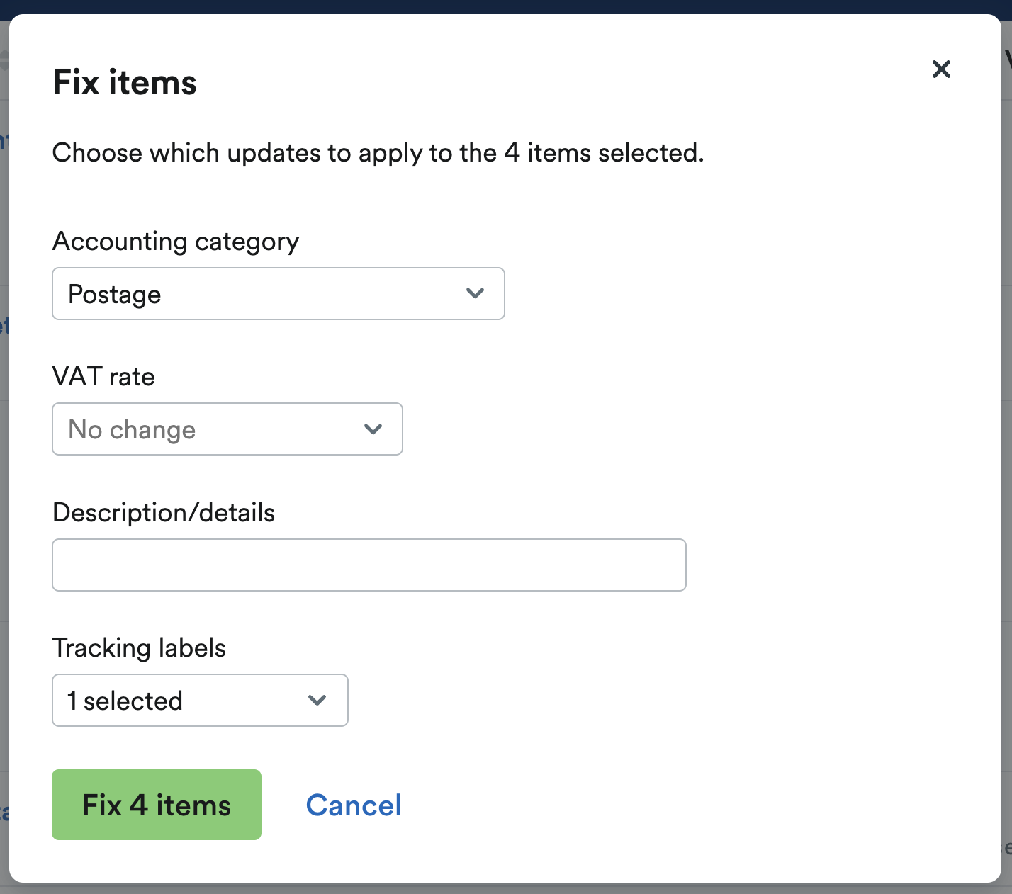 Fix items' window with options to change Accounting category, VAT rate, Description, and Tracking labels.