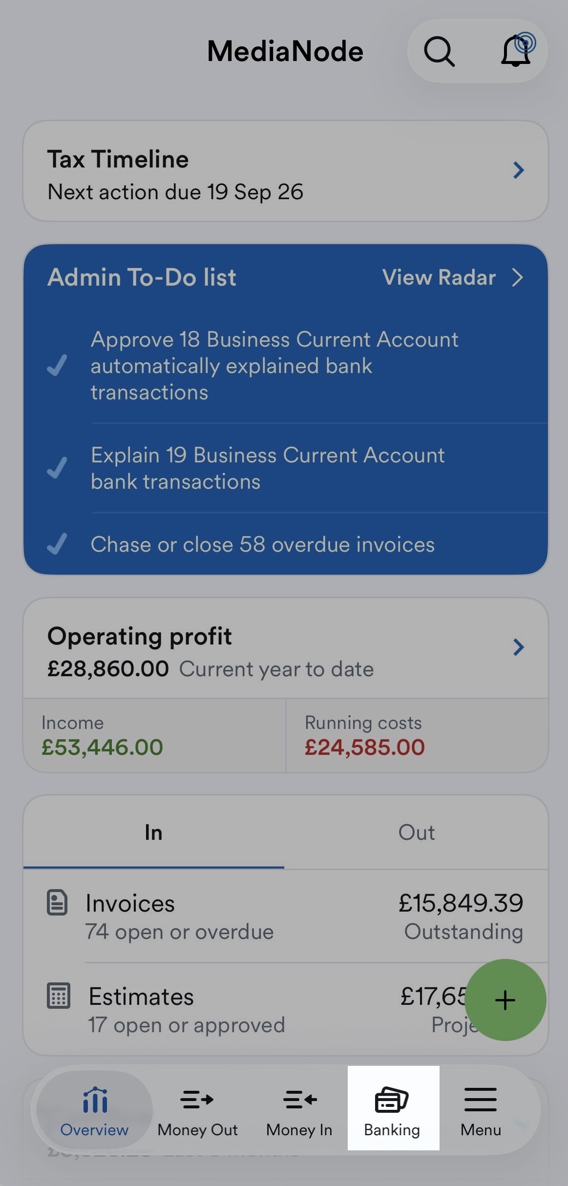 Overview screen with Banking icon highlighted