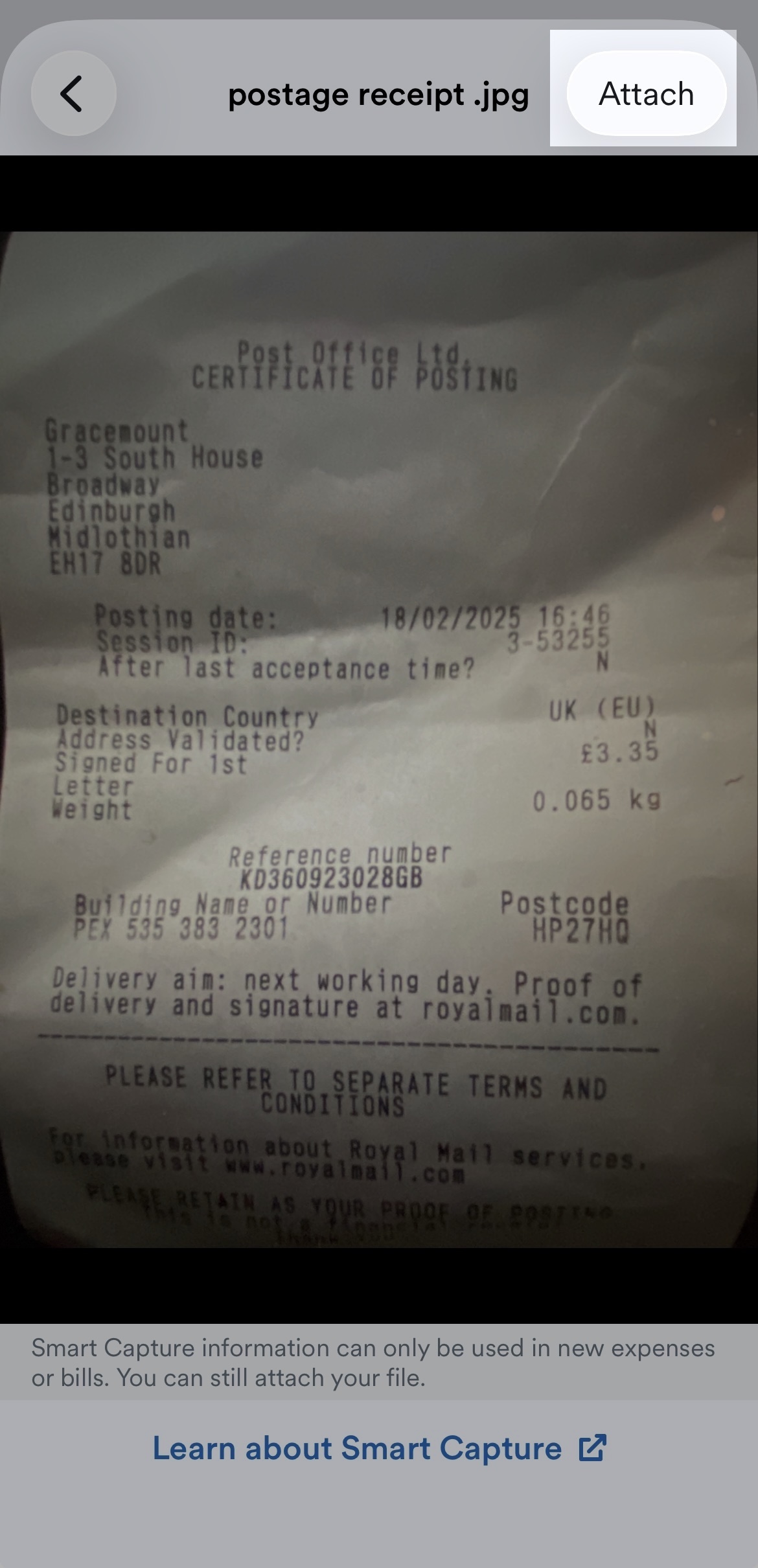 Attach highlighted on the bank transaction screen