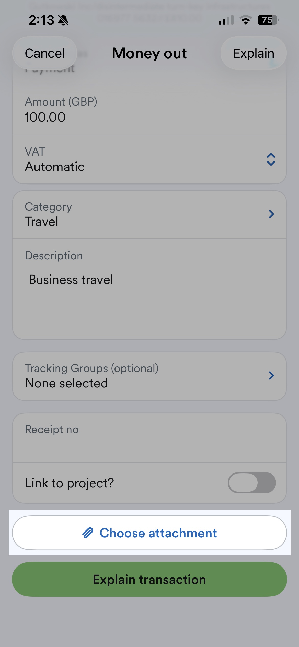 Choose attachment highlighted on a bank transaction